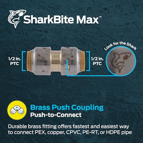SharkBite Max 1/2 Inch Push-to-Connect Brass Pipe Coupling for PEX, Copper, CPVC, HDPE