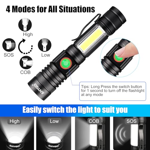Magnetic Rechargeable Flashlight with Wide-Angle COB Side Light & Super Bright Zoomable Main Light, 4 Mode, USB-C Charging, Secure Magnetic Base for Camping, Emergency, Repairs, 2 Pack