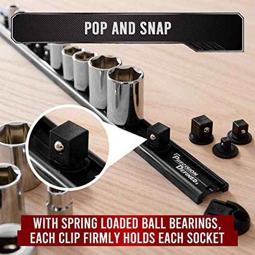 Precision Defined Aluminum Tool Socket Holder | Black, Single 1/4-Inch Socket Organizer x 16 Clips | Heavy Duty Socket Rails Organizer, Socket Storage, Socket Tray 360 Rotation