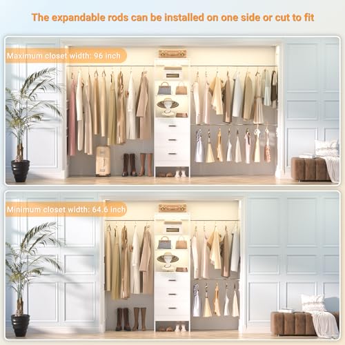 Besiost 96-Inch White Closet Organizer System with 3 Hanging Rods & Wooden Drawers - Adjustable 5-8FT Walk-In Wardrobe
