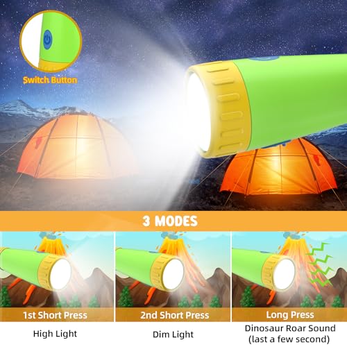 Rechargeable Dinosaur Flashlight with Roar for Kids, Kids Flashlight Camping Gear Handheld Flashlight for Kids, Halloween Christmas Lights for Boys Girls, Dino Kid Lantern