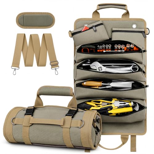 Eswilran Khaki Heavy Duty Tool Roll Up Bag with Detachable Pouches & Waterproof Oxford Fabric - 21.9"x13.8"