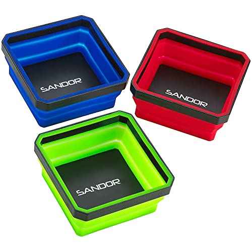 Collapsible Magnetic Parts Tray Set - (Pack of 3) Tool Trays for Screw, Bolts, Nuts, Washers, Pins and Other Small Metal Parts - 4.25 Inch Square - Red, Blue, and Green