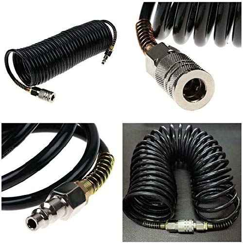 25ft Air Compressor Hose with Bend Restrictor and 1/4 Quick Coupler - Coiled Flexible Air Hose with Solid Copper Connectors