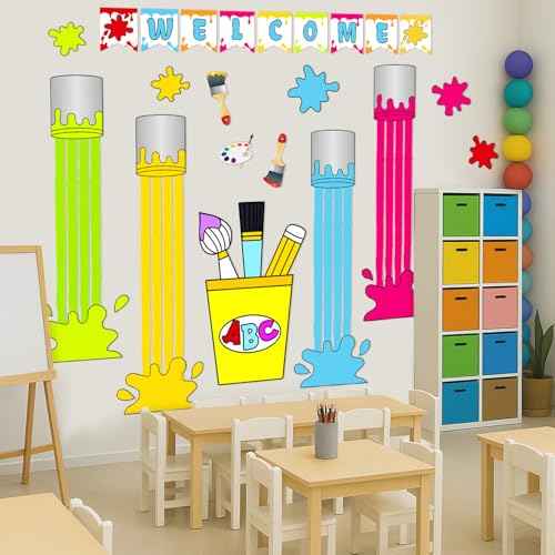 Welcome Back to School Decorations Art Paint Party Backdrop First Day of School Blackboard Wall Stickers for Classroom Kindergarten Photography Background Bulletin Boards