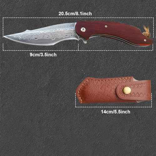 Damascus Pocket Knife, VG10 Damascus Steel Folding Knife with Wood Handle, Liner Lock, Leather Sheath, EDC Knife for Camping Outdoor Survival Hunting