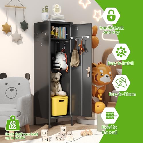 54-Inch Lockable Metal Storage Lockers with Adjustable Shelf & Hooks for Home, Office, School — Black