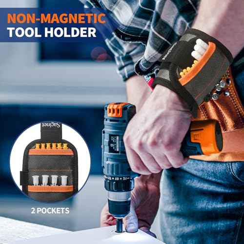 2PCS Magnetic Wristband for Screws, Gifts for Men and Women, Wrist Magnet Screw Holder with 15 Extra Strong Magnets and Two Pockets for Non-Magnetic Items, Helpful Father Gift with Gift Box