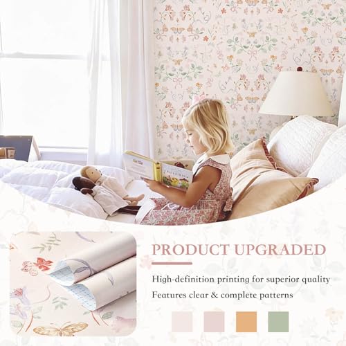 Fiula Peel and Stick Nursery Wallpaper Pink Cute Bow Leaf 17.3" x 78.7" Waterproof