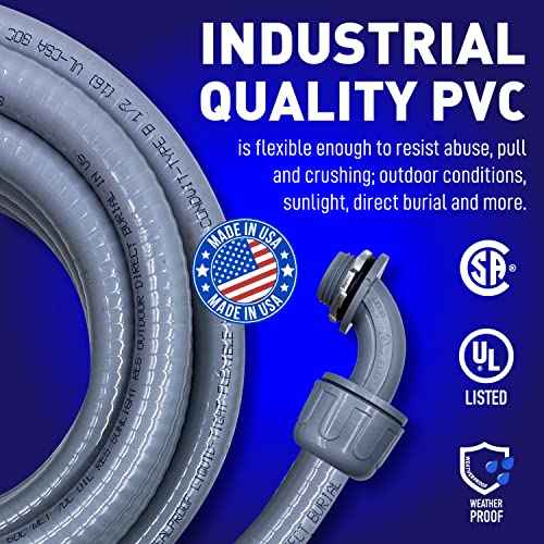 Sealproof 1/2-Inch Non-Metallic Liquid-Tight Conduit and Connector Kit, 50 Foot Made in USA Flexible Electrical Conduit Type B with 5 Straight and 3 90-Degree Conduit Connector Fittings, 0.5" Dia