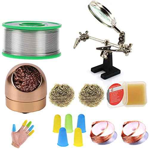 Makeronics Soldering Starter Kit for Electrical | 0.14 lb/62g 0.8mm Solder Wire Rosin Core Sn99 Ag0.3 Cu0.7 | Iron Tip Cleaner with 3 Brass Ball | Helping Hands Aid