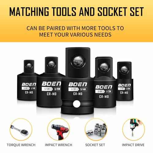 BOEN 5 Piece Impact Socket Adapter Set and Reducer Set, Standard SAE, 1/4", 3/8", 1/2" Drive Socket Adapter Set, CR-MO Steel Impact Adapter Conversion Set for Impact Driver Wrench