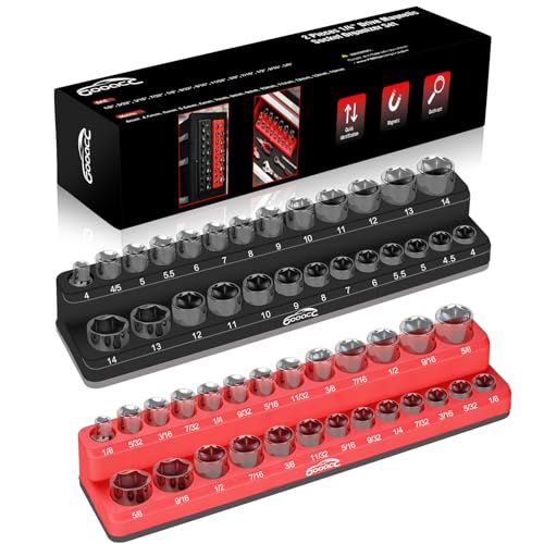 GOOACC 1/4" Magnetic Socket Organizer Tray (2-Pack) Black & Red, Holds 52–53 1/4" Drive Sockets