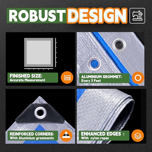RAINDEWAY 8x10ft Blue/Silver Waterproof Poly Tarp Cover - 5.5 Mil Multipurpose
