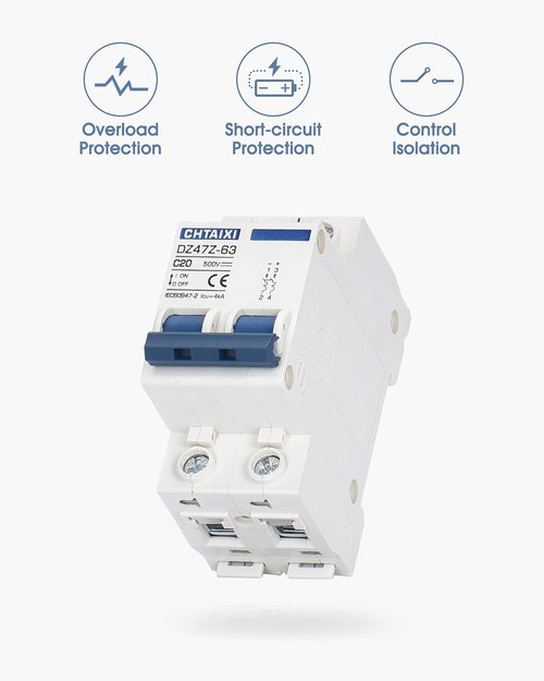 CHTAIXI DC Miniature Circuit Breaker, 2 Pole 500V 20 Amp Isolator for Solar PV System, Thermal Magnetic Trip, DIN Rail Mount, Chtaixi DC Disconnect Switch C20