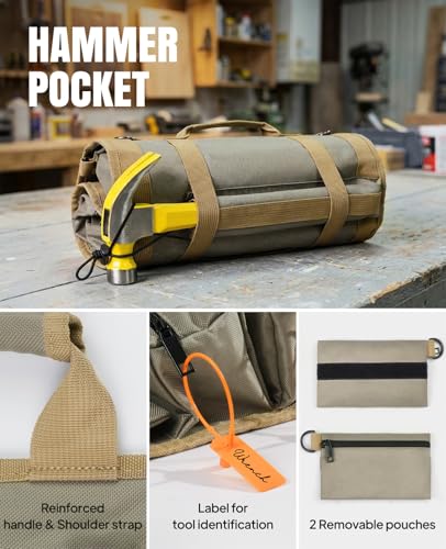 Eswilran Khaki Heavy Duty Tool Roll Up Bag with Detachable Pouches & Waterproof Oxford Fabric - 21.9"x13.8"