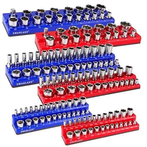 Magnetic Socket Organizer Set, 6PCS Socket Holder, 1/4", 3/8", 1/2" Sockets Holds 143 Pieces Magnetic Sockets Trays (Blue&red, 6 Pcs)