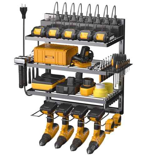 Power Tool Organizer Wall Mount with Charging Station, 4 Drill Holder Cordless Tool Organizer, 4 Layer Storage Rack Heavy Duty Metal Garage Organization with 8 Outlet Power Strip for Fathers Men Gift