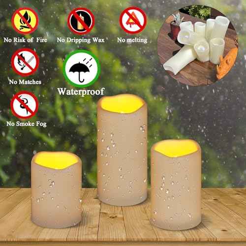 Flameless Candles 4" 5" 6" Set of 3 Ivory Outdoor Indoor Pillars 3" Diameter Battery Operated Flickering Candles Include 10-Key Remote Timer Function 400+ Hours Requires 2 AA Batteries