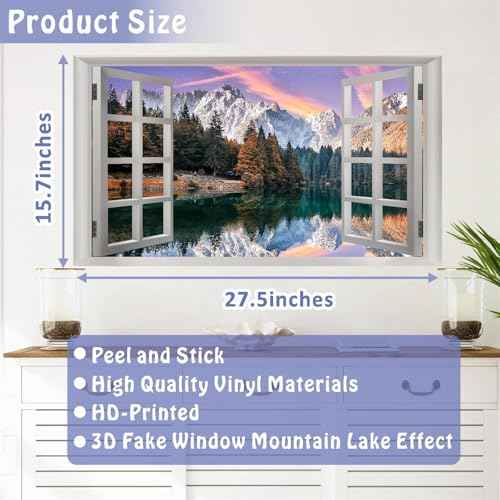 Fake Window Wall Stickers 3D Landscape Wall Sticker Decor Vinyl Mountain Lake Forest Wall Sticker Decals Peel and Stick Nature Scenery Faux Window Wallpaper for Living Room Bedroom Home Kitchen Decor