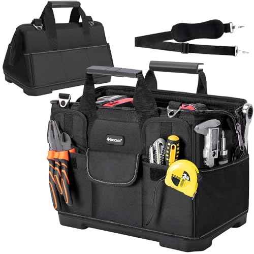 TICONN Heavy Duty Tool Bag with Multi-Pockets, Portable Tool Box Organizer Storage Bag, with Adjustable Shoulder Strap and Ergonomic Handle (Black, 16" Molded Base)