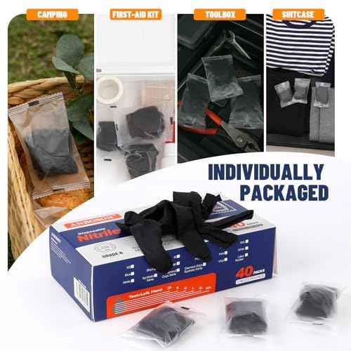 Nitrile Disposable Gloves 5mil, Latex Free, Powder Free, 40 Pairs Individually Wrapped (80 Gloves), Strong Protective Gloves for Food Prep, Cleaning, Industrial, Salon, Household, Travel, Medium