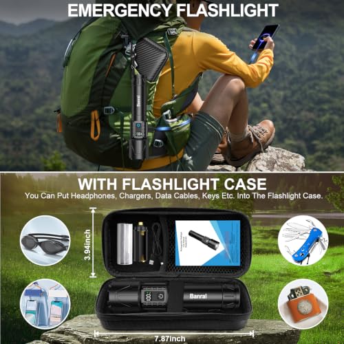 Banral Black Rechargeable Tactical Flashlight 2000 Lumens, Long Range Focus