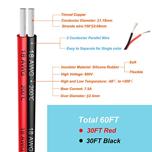 Haerkn 18AWG Silicone Electrical Wire Cables 2 Cores 30ft Spool - Flexible, High-Temperature Resistance
