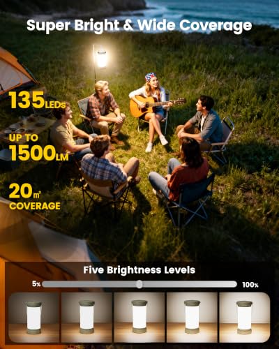 Glocusent Green Rechargeable Camping Lantern with 5000mAh Battery, 135 LEDs, 3 Color Modes, 200H Runtime