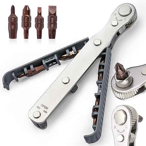 OSDUE 5 Pcs Mini Ratchet Wrench Set, 1/4 Inch Drive, High Torque Offset Reversible Screwdriver, with Phillips, Slotted, Hex, Torx for Tight Spaces