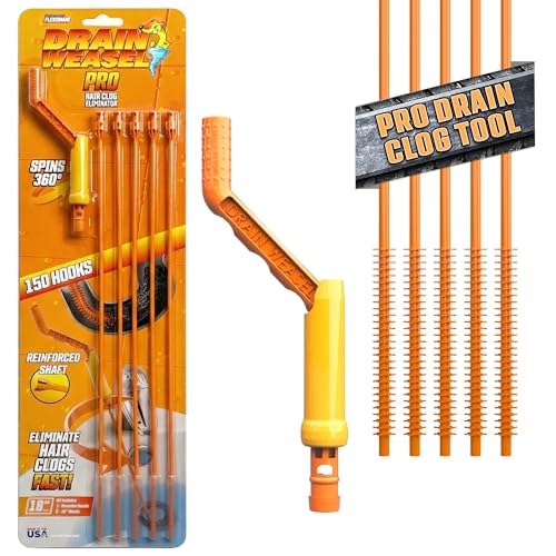 FlexiSnake Pro Drain Weasel 18in Hair Clog Remover Tool, 5 Wands (5 Pack)