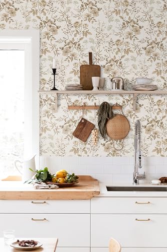 Erfoni Beige Floral Peel and Stick Wallpaper 16.9" x 118" – Removable Contact Paper for Wall & Decor
