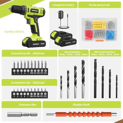 PULITUO'S 20V Cordless Drill/Driver, Electric Screwdriver - 2 Batteries, 30Nm, 21+1 Torque, 2 Speed, Keyless 3/8" Chase Drill with LED Light, Kit for Home (Green)