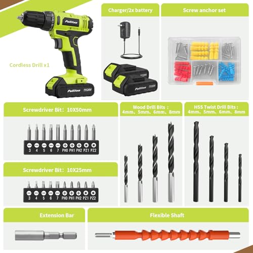 20V Green Cordless Drill/Driver Kit with 2 Batteries, 30Nm Torque, 21+1 Settings