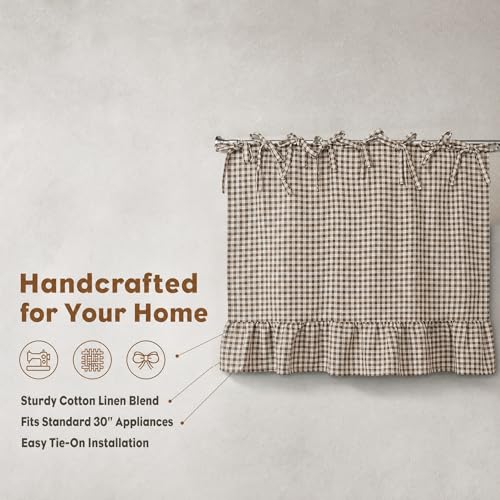 Oven Skirt for Kitchen Decor - Brown White Cotton Linen Stove Cover with Ruffle Trim, Handmade