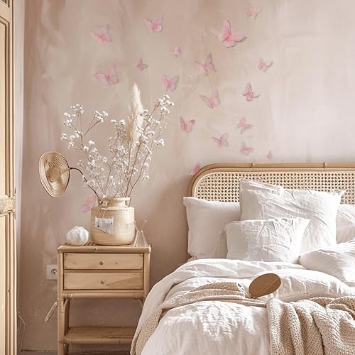 Phuryllic 48pcs Laser Pink Butterfly Wall Decor Stickers for Party & Room Decoration