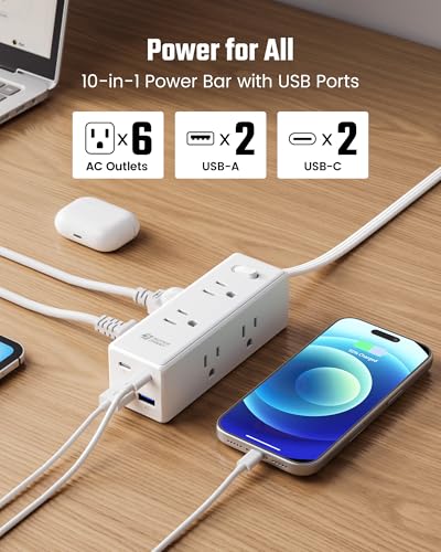 Superdanny 15ft Flat Plug Extension Cord with 10 Outlets & USB Ports - White