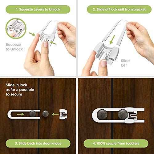 Sliding Cabinet Locks (4-Pack) 8 inch, Multi-Purpose Child Safety Lock by Skyla Homes - No Tools or Drilling Required, Best for Baby Proofing, Strong ABS Free Plastic Knob Cover