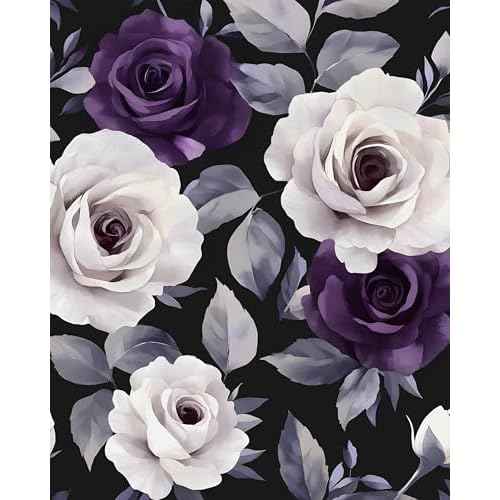 Black Foral Wallpaper Peel and Stick Dark Purple and White Rose Contact Paper, Vintage Self-Adhesive Removable Flower Wall Paper for Bedroom Countertop Desk Cabinets Decor 17.4" x 118" Renter Friendly