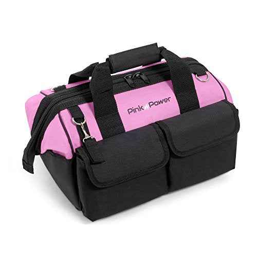 Pink Power Pink Tool Bag for Women -16" Tool Tote Bag w/ 22 Storage Pockets - Womens Small ToolBag Ladies ToolBox for Hand Tools, Power Kits & More - Womens Zipper Toolbag Caddy Organizer