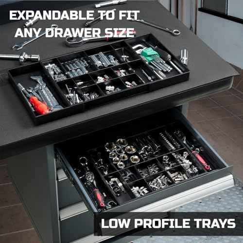 ONREVA Tool Box Organizer Tray Divider Set, Expandable Large Toolbox Storage Tray Kit, Rolling Tool Chest Drawer Bins, Hardware Screwdrivers Pliers Organization, 2pcs low profile Trays.