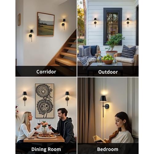 KDG Wireless Wall Sconces Set of 2, Small Cordless 5200mAh Rechargeable Battery LED Wall Lamps, Stepless Dimming Lightings for Wall Painting, Living Room, Bedroom, Hallway, Gifts, Night Light (Black)