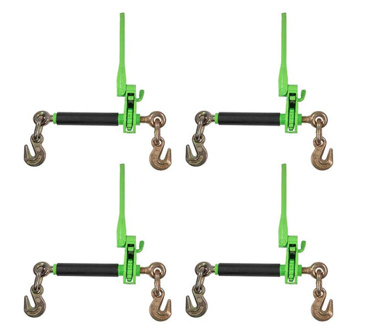 Mytee Products 4 Pack 5/16" - 3/8" Hi-Viz Green Heavy Duty Folding Handle Ratchet Load Binder w/Grab Hook 7,100 lbs WLL | Tie Down Hauling Chain Binders for Flatbed Truck Trailer