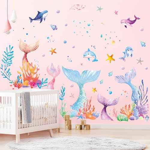 SHUCHING Mermaid Tail Wall Sticker Peel and Stick, Under The Sea Wall Decal, Wall Decor Art for Girls Bedroom Baby Nursery Bathroom