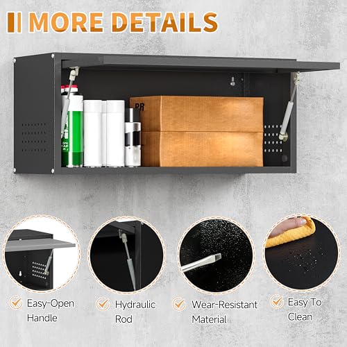 Firstsky 13.8" Black Wall Cabinet with Up-Flip Door, Pegboard Sides, Heavy-Duty Steel Garage Storage