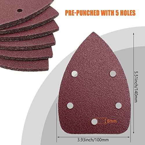 Detail Sander Sandpaper, Assorted 40/80/120/180/240 Grits Mouse Sanding Pads 5 Holes Hook and Loop Sanding Sheets for 140mm Mouse Palm Detail Sanders, 50pcs