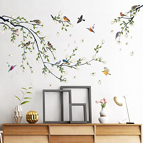 4 Sheets Magnolia Branches Wall Decals White Flowers Wall Stickers DIY Removable Colorful Birds Wall Sticker Petals Falling Home Decoration for Girls Bedroom Living Room Kitchen Bathroom TV Background