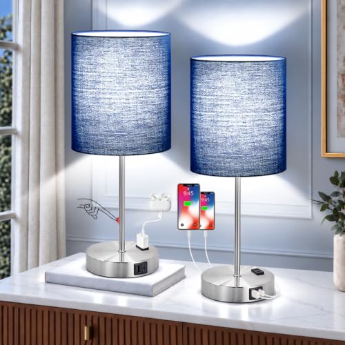 Navy Blue & Brushed Nickel Touch Control Bedside Table Lamps Set with USB & Power Outlets, Dimmable Nightstand Lights, 800 Lumens, 5000K Bulbs Included