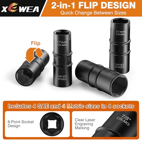 XEWEA 1/2 Inch Drive 18.5mm x 19.5mm Thin Wall Impact Flip Socket, Lug Nut Impact Socket Set Double Ended Thin Wall Nut Sockets CR-MO Twist Removal Tool for Stripped Rusted Bolts