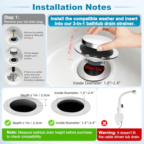 Hibbent Chrome 3-in-1 Metal Bathtub Drain Stopper with Pop-up & Filter